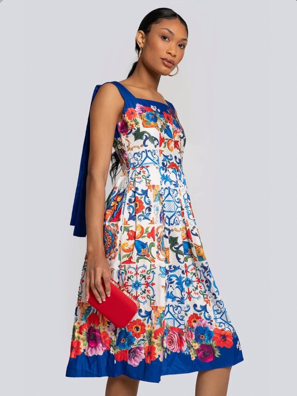 Dalia Macphee Floral Mosaic Tile Print Sleeveless Shoulder Tie Dress Pleat Skirt